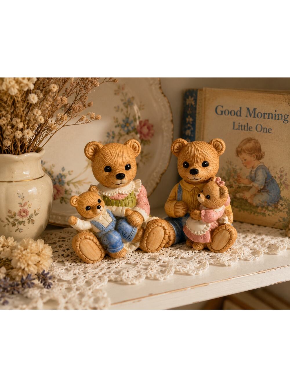 Vintage HOMCO Denim Days Bear Family Figurines #1444 Set of 2